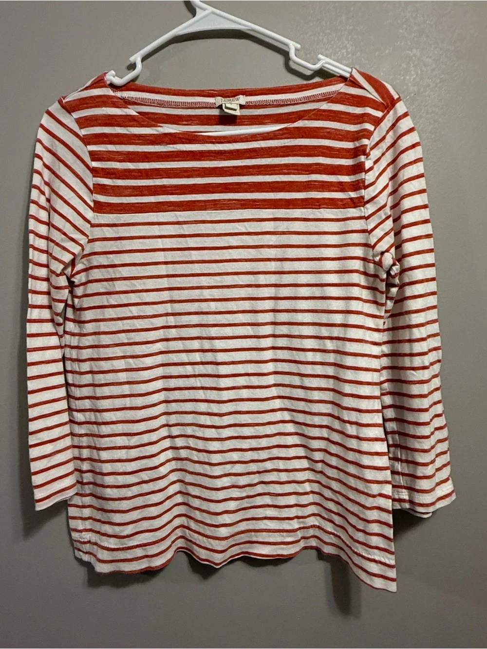 J. Crew White and Orange Striped 3/4 length Sleeve Tee